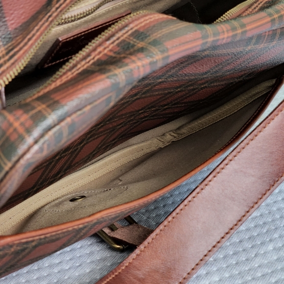 Vintage Polo Ralph Lauren Brown Coated Canvas Plaid Crossbody Bag Satchel Travel - Picture 10 of 12